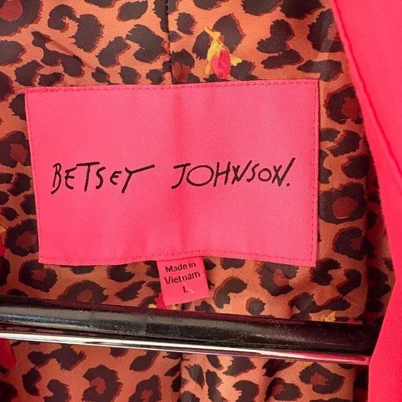 Betsey Johnson Trench Coat Fuschia Pink Double-Breasted Belted Stretch Large - Picture 2 of 3